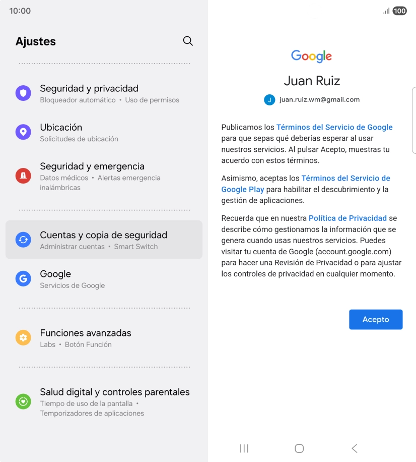 Pulsa Acepto y sigue las indicaciones de la pantalla para seleccionar los ajustes de tu cuenta de Google.