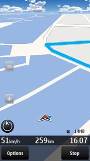 The navigation window with information about your route is displayed.Speed, distance to destination and travel time are displayed at the bottom of the display.Follow the verbal instructions or the instructions on the display to go to the selected destination.