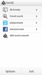 If required, press the Facebook icon.Choose one of the following options:Write status update, go to 3a.Select view to 3b.View your profile, se 3c.View your friends, go to 3d.View your pictures, go to 3e.View your messages, go to 3f.Write message, go to 3g.View events, go to 3h.Upload picture to Facebook, go to 3i.