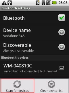 Press Scan for devices.The phone now searches for devices and after a moment, a list of Bluetooth devices within range is displayed.