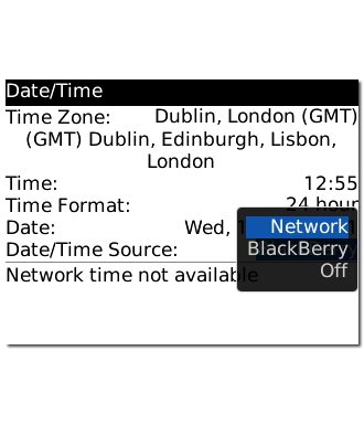 To activate automatic date and time update:Highlight Network or BlackBerry and press the Navigation key.