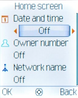 Highlight Date and time, Owner number or Network name and press Navigation key right or Navigation key left to turn this function on or off.