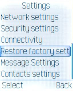 Scroll to Restore factory settings and press the Navigation key.