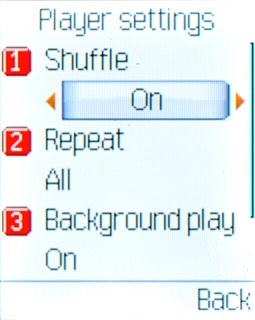 Highlight the field below Shuffle and press Navigation key right or Navigation key left to select On or Off.