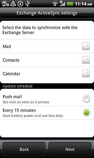 Press Mail, Contacts and Calendar to activate or deactivate synchronisation.