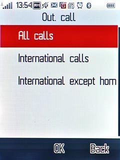 Press All calls, International calls or International except home.