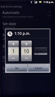 Press + or - next to hours and minutes to set the time.