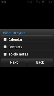 Press Calendar, Contacts and To-do notes to turn synchronisation on or off.