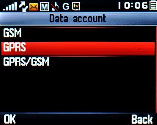Scroll to GPRS and press the Navigation key.