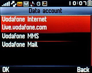 Scroll to Vodafone Internet and press the Navigation key.