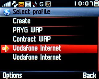 Scroll to Vodafone Internet and press Options.