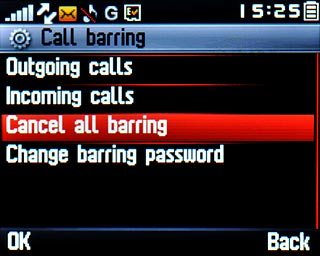Scroll to Cancel all barring and press the Navigation key.