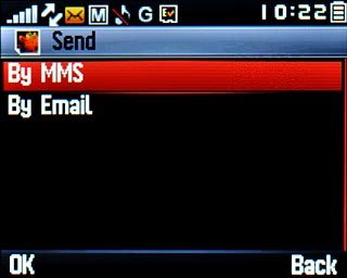 Scroll to By MMS and press the Navigation key.A picture message containing the picture or video clip is created.