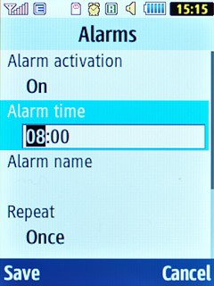 Scroll to Alarm time and key in the required alarm time.
