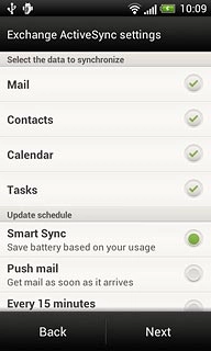 Press Mail, Contacts, Calendar or Tasks to turn synchronisation on or off.