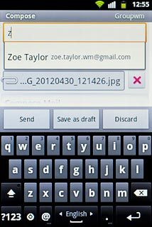 An email message containing the picture or video clip is created.Key in the first letters of the required contact.Matching contacts are displayed.Press the required contact.