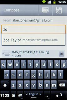 An email message containing the picture or video clip is created.Key in the first letters of the required contact.Matching contacts are displayed.Press the required contact.