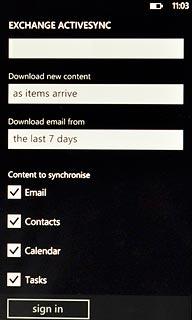 Press Email, Contacts, Calendar and Tasks to turn synchronisation of each data type on or off.