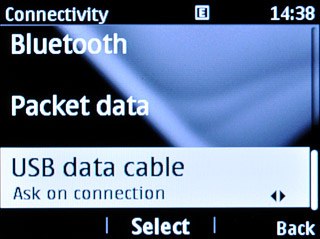 Scroll to USB data cable and press the Navigation key.