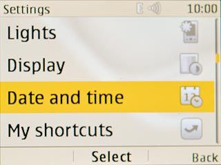 Scroll to Date and time and press the Navigation key.