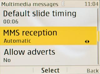 Scroll to MMS reception and press the Navigation key.