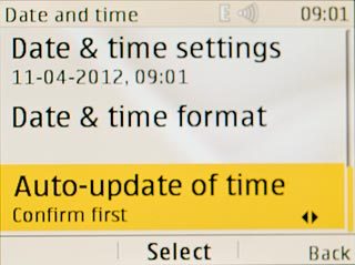 Scroll to Auto-update of time and press Navigation key right to select the required setting.
