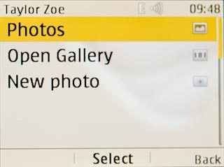 Highlight Photos, Open Gallery or New photo and press the Navigation key.