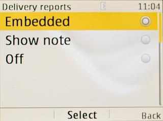 To turn on delivery reports:Highlight Embedded or Show note and press the Navigation key.