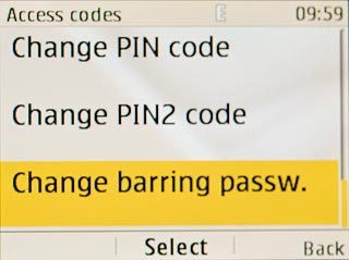 Scroll to Change barring passw. and press the Navigation key.