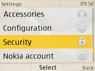 Scroll to Security and press the Navigation key.