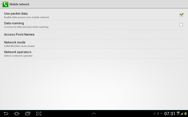Press Data roaming to turn the function on or off.