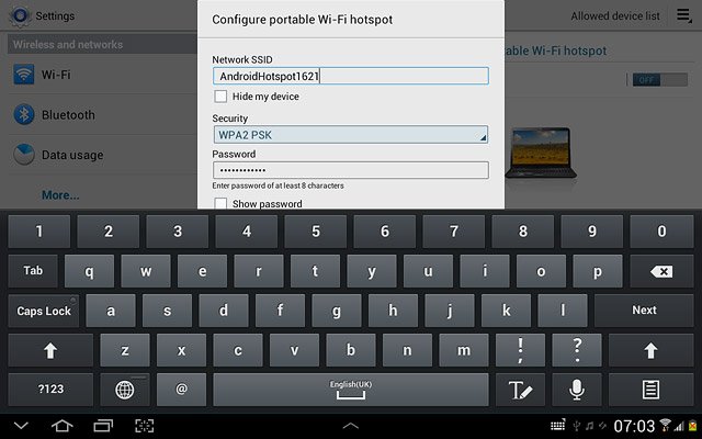Press the field below Network SSID and key in the required name for the Wi-Fi hotspot.