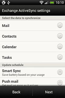 Press Mail, Contacts, Calendar or Tasks to turn synchronisation on or off.