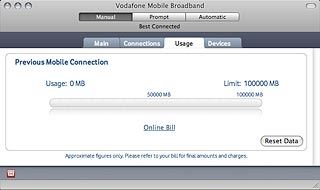 Click Usage.The data card application shows how much you've uploaded and downloaded or the total duration of active internet connections.