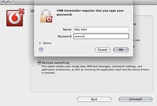 Key in your username and password for the computer and click OK.Your data card is uninstalled.