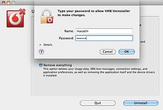 Key in your username and password for the computer and click OK.Your data card is uninstalled.