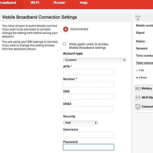 Highlight the field below Password and key in vodafone