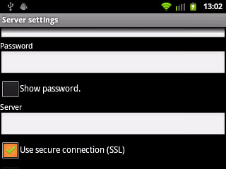 Press Use secure connection (SSL) to turn SSL encryption on or off.