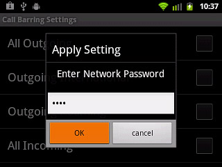 Key in the barring password (default is 0000) and press OK.