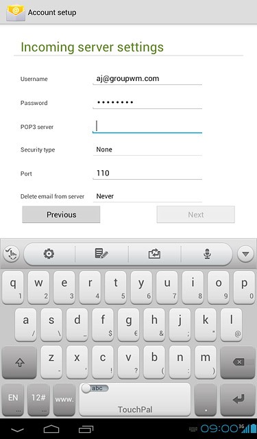 Press the field next to POP3 server and key in the name of your email provider's incoming server.