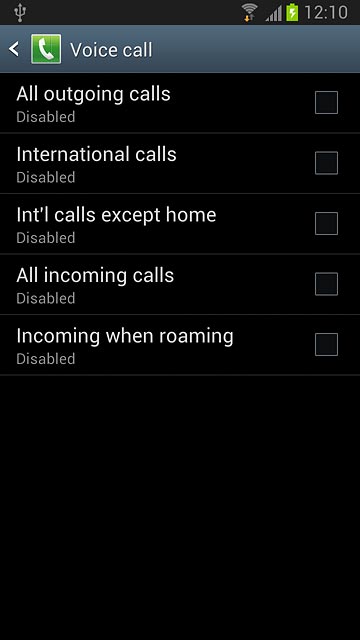 When the box next to the menu item is empty, call barring is turned off.Repeat until all call barrings have been cancelled.