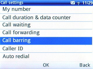 Scroll to Call barring and press the Navigation key.