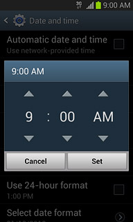 Press arrow up or arrow down next to hours and minutes to set the time.