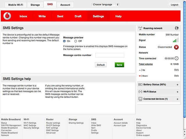 Highlight the field next to Message centre number and key in +6421600600