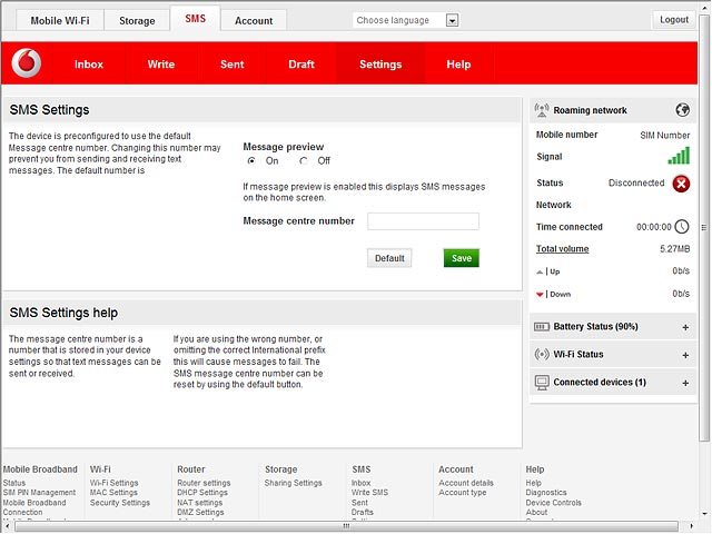 Highlight the field next to Message centre number and key in +35387699989