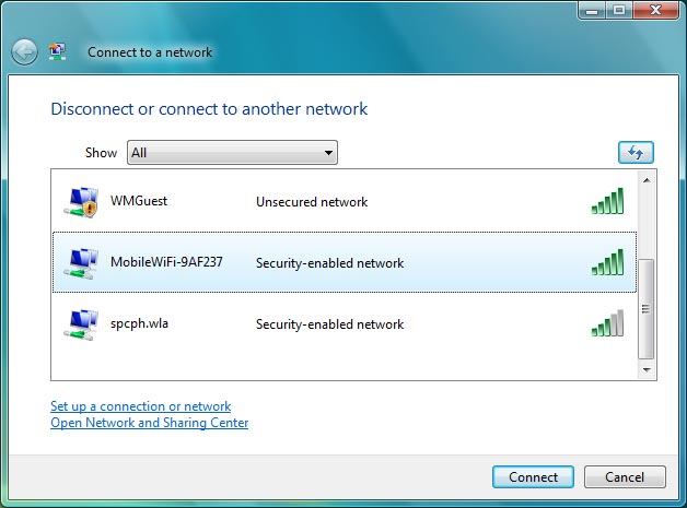 Highlight the name of your Wi-Fi hotspot and click Connect.