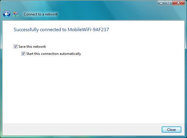 Click Close.A connection to your Wi-Fi hotspot is established.
