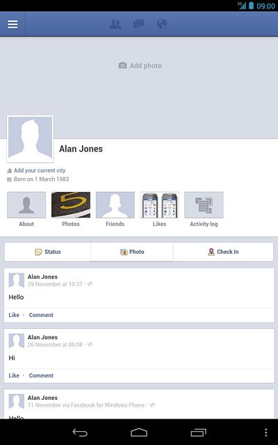 You can now use the application.Please note that Facebook isn't part of the original application package and therefore only a general description is given here.You have a number of options, such as:Write status updatesSend messagesWrite text on WallUpload picturesSelect application settings