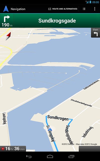 The navigation window with information about your route is displayed.The next turn and the next route detail are displayed at the top of the display.