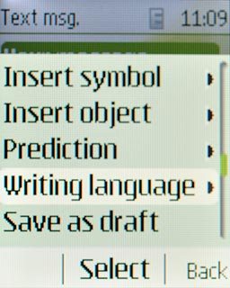 Scroll to Writing language and press the Navigation key.